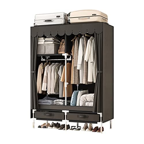 Large Grey Metal Closet with 4 Hanging Rods & Drawers, Non-Woven Dust Cover, 66.93in High, Bedroom Storage