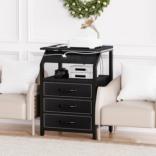 Modern Black End Tables Set of 2 with Charging & LED Lights & 3 Drawers