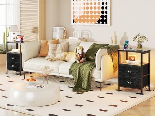 Furologee Black Nightstands with Charging Station and LED Lights