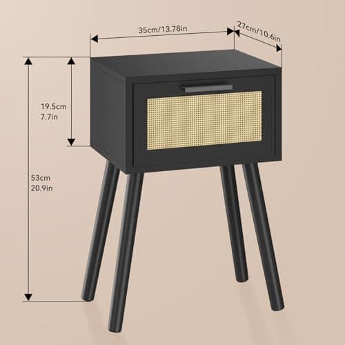 Modern Black Handmade Rattan Nightstand Set, Solid Wood Legs, Drawers for Bedroom and Small Spaces UHST010B-2