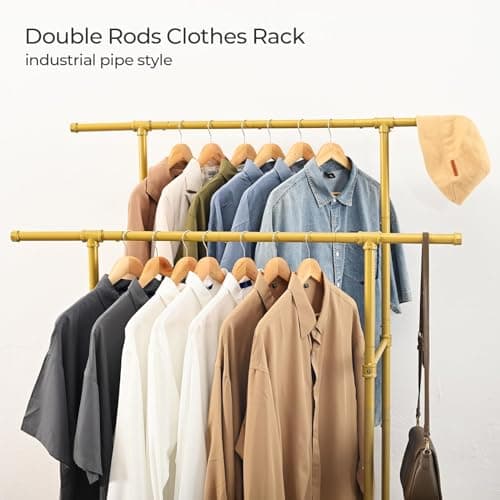 Heavy Duty Rolling Clothes Rack, Gold, Max 400Lbs, Double Rod Organizer