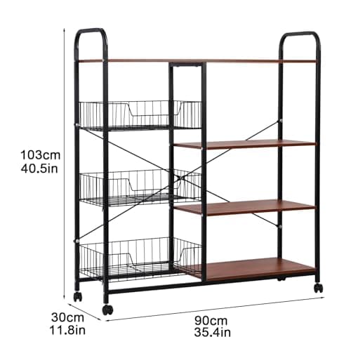 4-Tier Bakers Rack with Storage & Wheels, Coffee Bar with 3 Wire Basket, Utility Microwave Stand with Cabinet, Kitchen Organizer Shelf, Vintage Brown