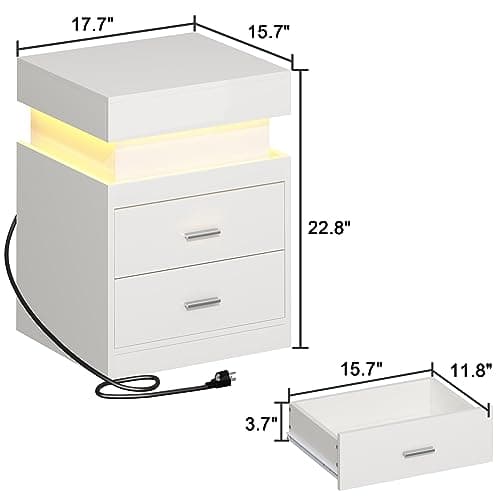 ChooChoo Smart Nightstand with Charging, Sliding Top Storage, 2-Drawers, Modern Bedside Table, White