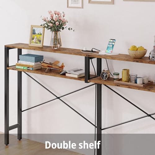 Vintage Brown IronCK Console Table with Power Outlet and Shelves