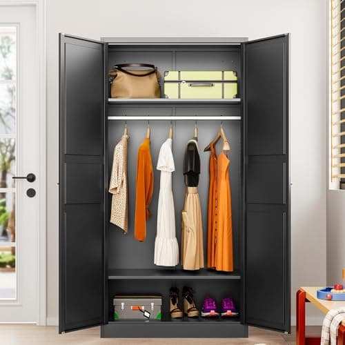 SISESOL Black Metal Wardrobe Closet with Adjustable Shelves