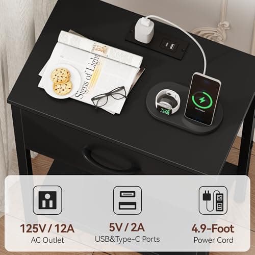 Vagusicc Charging Nightstand Set, Black, 25.4" Tall, Bedside Table with Storage