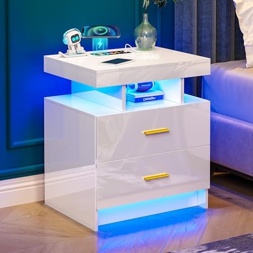 High Gloss Nightstand with USB/Wireless Charging, LED White Side Table with Storage Drawers