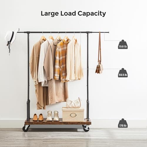 VASAGLE Rolling Garment Rack with Shelf, Heavy-Duty Rustic Brown and Black URGR110B01