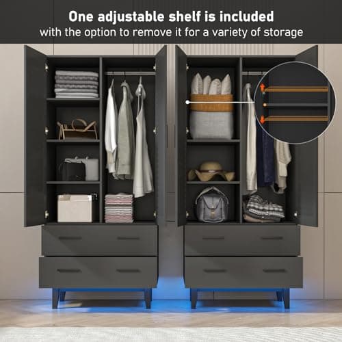 Black 2 Door Armoire Wardrobe with Drawers & LED Lights