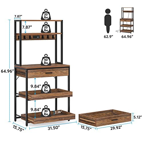 Tribesigns Rustic Brown 5-Tier Bakers Rack with Power Outlets & Hooks