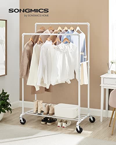 SONGMICS Heavy-Duty Double-Rod Clothes Rack, White with Casters Brakes