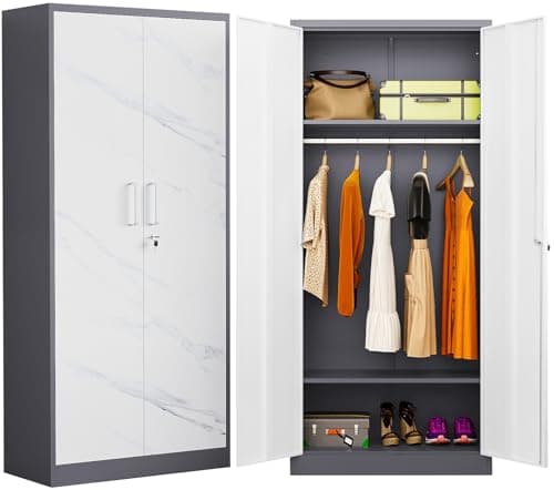 White Metal Armoire Wardrobe with Drawer & Rod, Adjustable Shelves