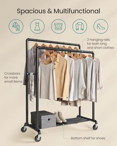 SONGMICS Heavy-Duty Double-Rod Clothes Rack with Casters, Black UHSR60B