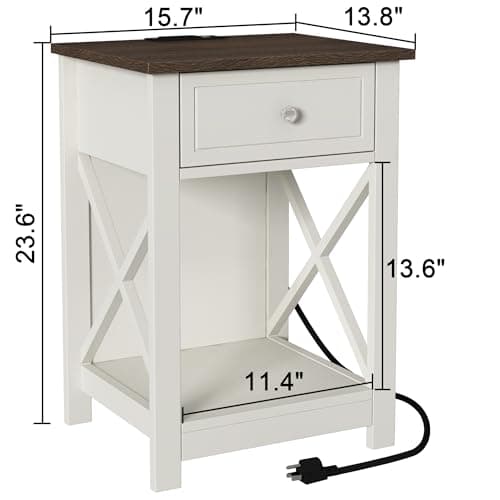 Treocho Farmhouse End Table Set of 2 with Charging Station