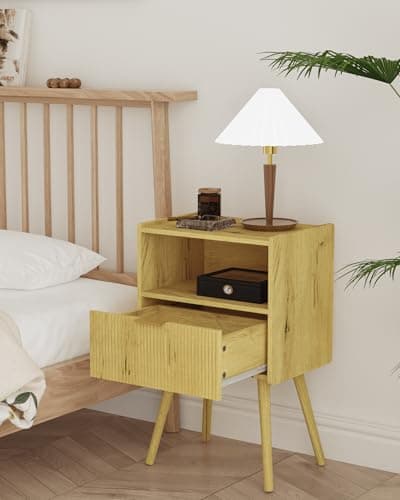 Yellow Oak Modern Nightstand with Storage Drawer & Wood Shelf