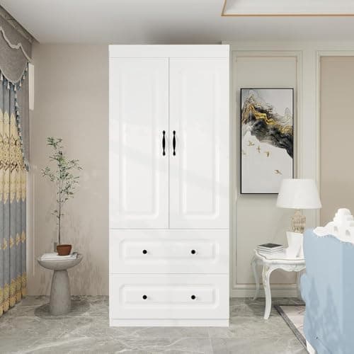 White Large Wood Armoire Wardrobe with 4 Doors 2 Drawers Shelves Hanging Rails