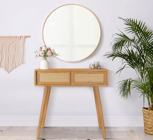 Narrow Boho Console Table, 31" Rattan Entryway Vanity
