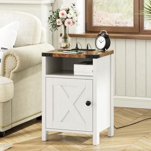 Modern White Farmhouse End Tables with Charging Station Set of 2