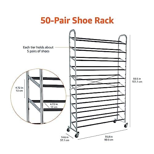 Amazon Basics Chrome Shoe Organizer, 50-Pair, 35.8 x 14.6 x 59.5 inches