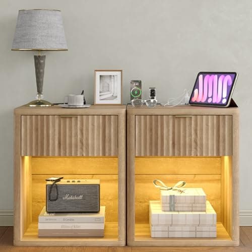 Mid Century Grey Night Stand Set of 2 with Drawer Storage