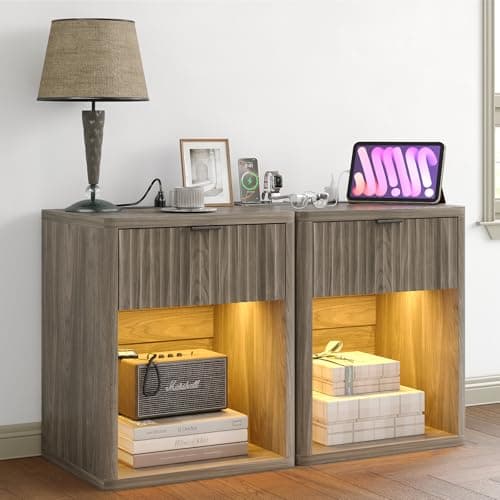 Mid Century Grey Night Stand Set of 2 with Drawer Storage