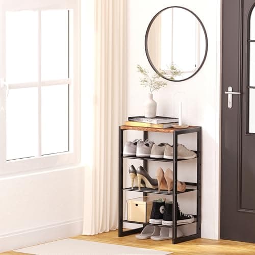 Slim 4-Tier Wood & Mesh Shoe Rack, Space-Saving Entryway Organizer