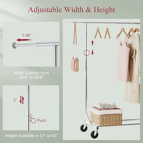 Tajsoon Heavy Duty Folding Clothing Rack with Wheels & Extendable Rod, Max 250lbs Capacity, Chrome
