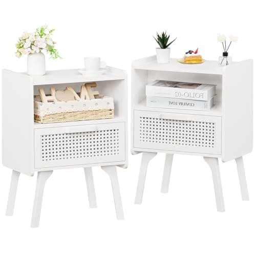 Lerliuo Natural Boho Rattan Nightstands Set of 2 with Drawer & Shelf for Bedroom Small Spaces