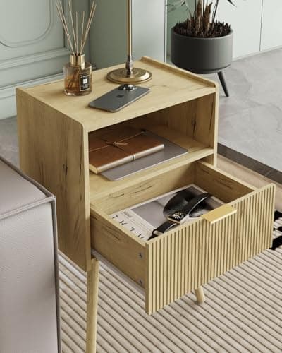 Yellow Oak Modern Nightstand with Storage Drawer & Wood Shelf