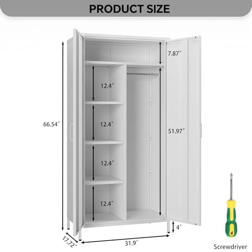 MIOCASA Steel Armoire Wardrobe - 4 Shelf, 2 Door White Storage Cabinet
