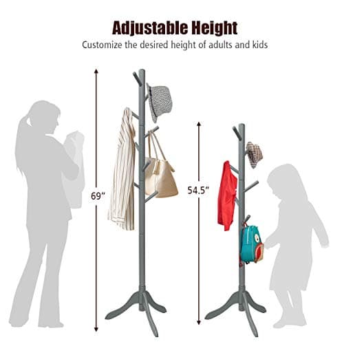 Tangkula Adjustable Height Wooden Tree Coat Rack with 8 Hooks