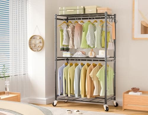 Portable Metal Clothes Rack with Double Rods & 3 Wire Shelves