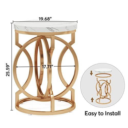 Tribesigns White + Gold O-Shaped Metal Base Round End Table Set of 2