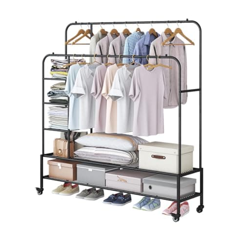 Heavy Duty Portable Clothes Hanging Garment Rack with Metal Shelf, Black (White)