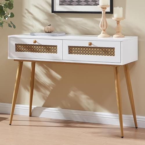 Rustic Oak Narrow Sofa Table with Drawers & Shelf, Modern Living Room Console