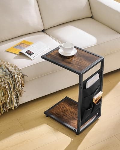 C Shaped End Table for Couch with Storage Shelf and Bag