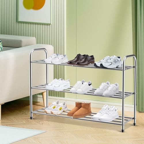 Sturdy 3-Tier Stainless Steel Shoe Rack, Strong Capacity, Easy Install, Space-Saving Closet Organizer