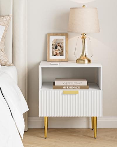 Mid Century Modern Gold Frame Nightstand with Drawer & Shelf, White Bedrooms & Living Room Dresser