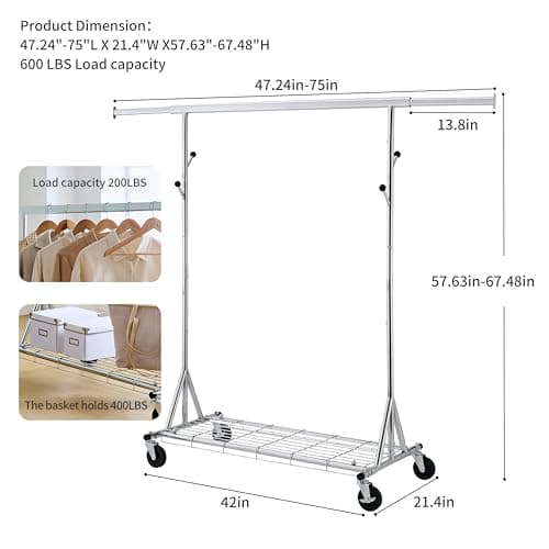 Commercial Heavy Duty Rolling Clothes Rack - 600 lb Capacity