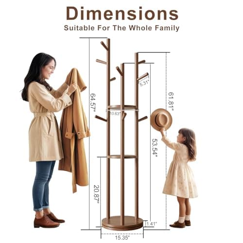 Walnut Solid Wood Coat Rack with 3 Shelves & 9 Hooks for Bedroom, Entryway & Livingroom