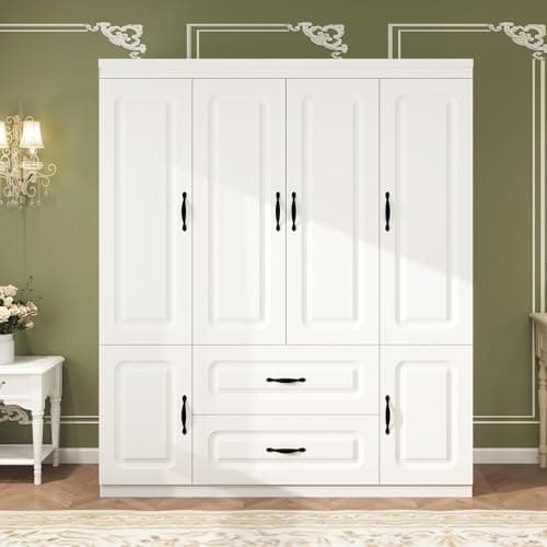 White Large Wood Armoire Wardrobe with 4 Doors 2 Drawers Shelves Hanging Rails