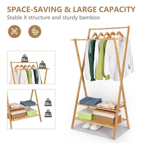 Ufine Bamboo Double Rod Clothing Rack with 2 Tier Storage Closet Organizer