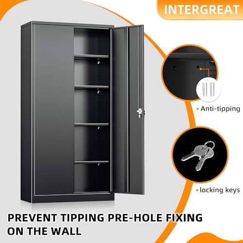 Intergreat Lockable Metal Storage Cabinet, Black Wardrobe with Adjustable Shelves