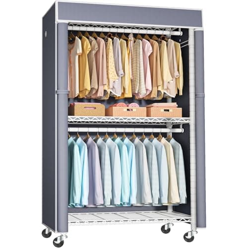 P1C Rolling Metal Closet Rack with Cover, Black, 450LB Load Capacity