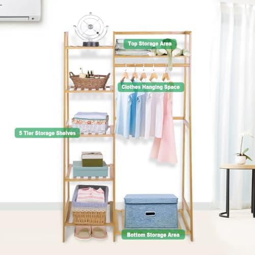Ufine 7-Tier Bamboo Clothing Rack, Heavy Duty Minimalist Wardrobe Organizer