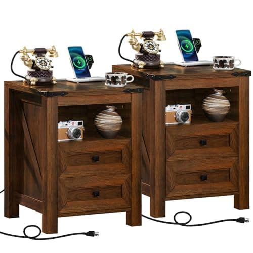 Rustic Brown Nightstands Set of 2 with Charging Station & Drawers