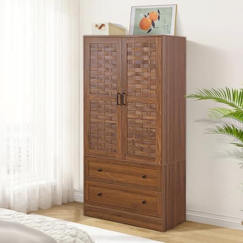 LEVNARY Walnut Freestanding Wardrobe with Woven Doors and Storage Drawers