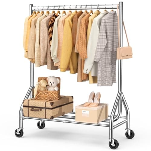 EAGMAK Heavy Duty Rolling Clothes Rack with Lockable Wheels (Silver)