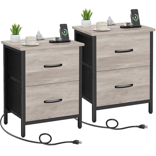 Vagusicc Greige Nightstand Set of 2 with Charging Station