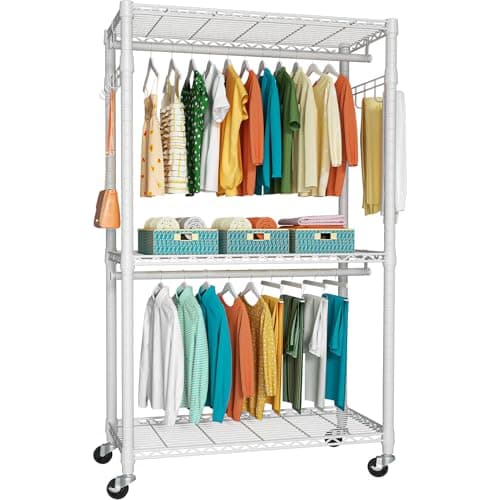 Heavy Duty 3-Tier Metal Closet Organizer, Rolling with Lock & Hooks, Max 450 LBS, Black